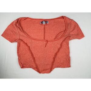Urban Outfitters Women's Coral Red Ribbed Short Sleeve Cropped Top Size Small